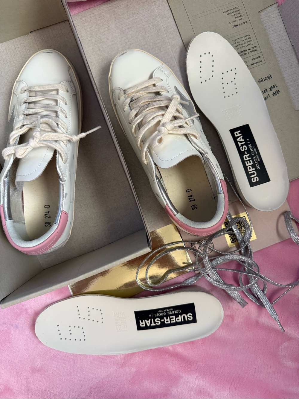 Golden Goose White Leather Sneakers with Pink Heel and Silver Star Accent - Picture 5 of 6